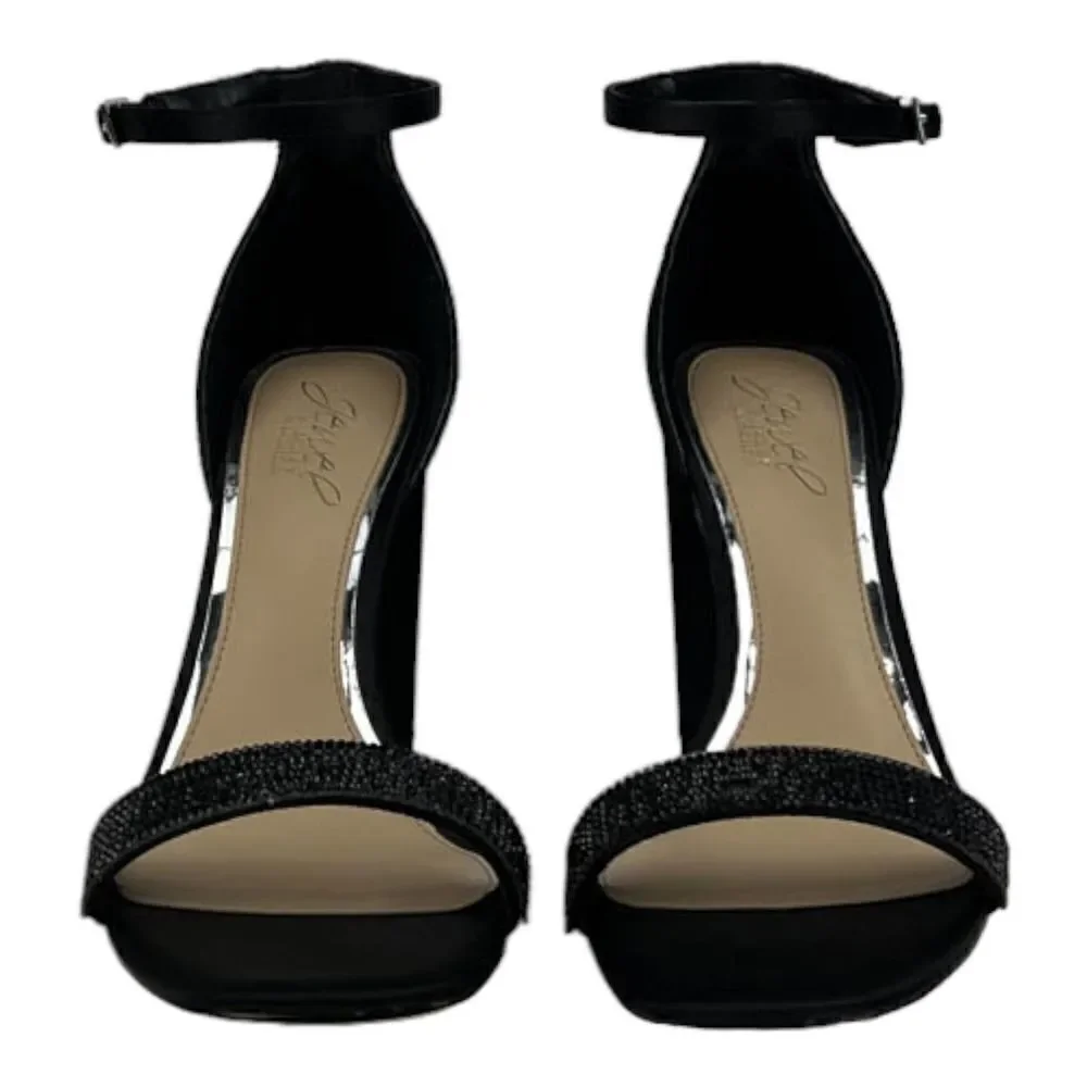 New Women Jewel Badgley Mischka Black Satin Block Heel Sandals US 8.5
